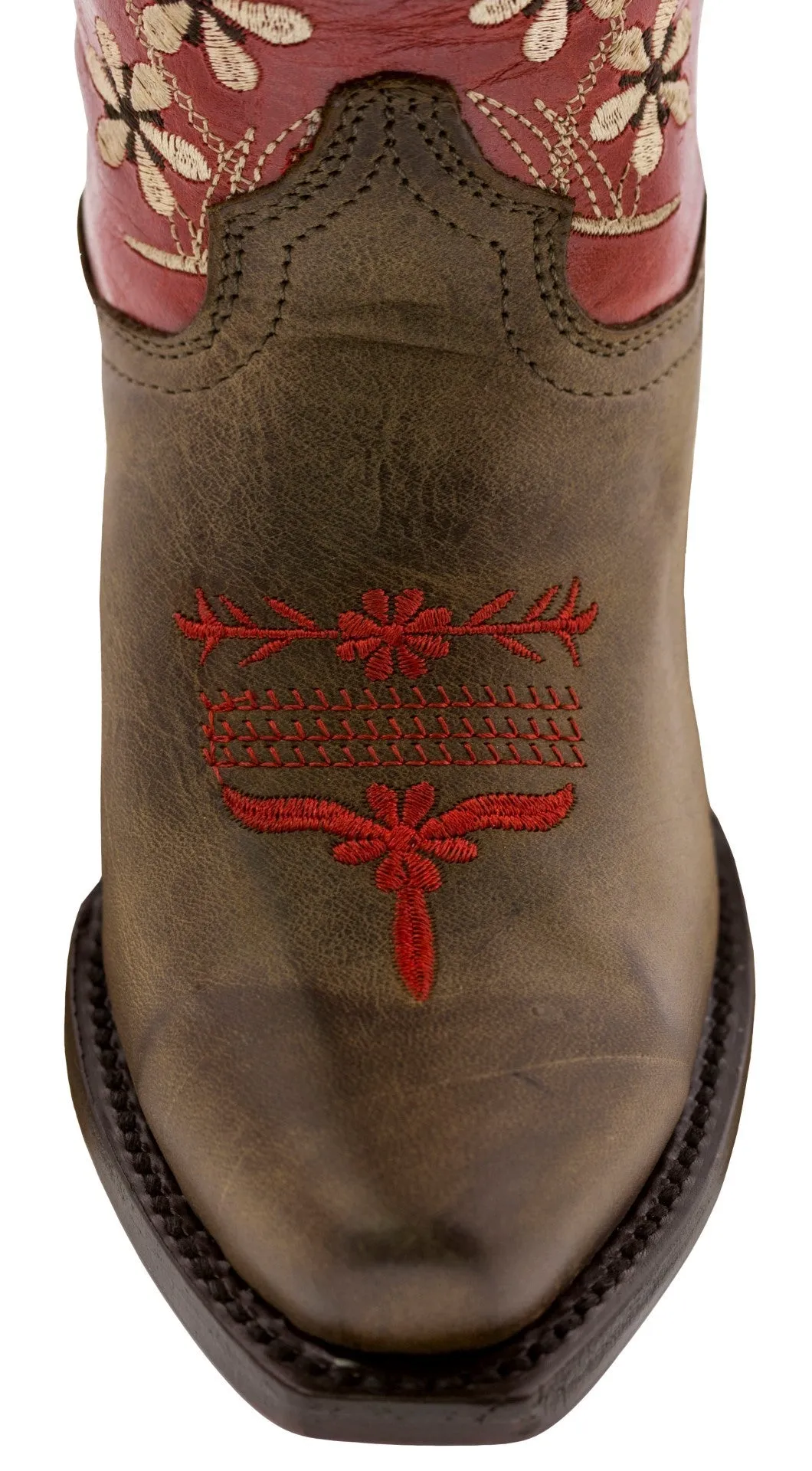 Kids Red & Brown Western Cowboy Boots Floral Leather - Snip Toe