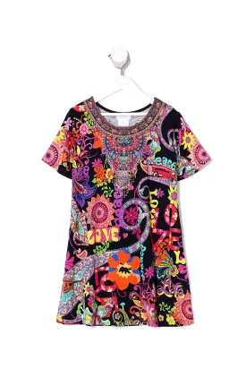 KIDS TSHIRT DRESS WITH FLARE HEM PEACE LOVE AND HAIR