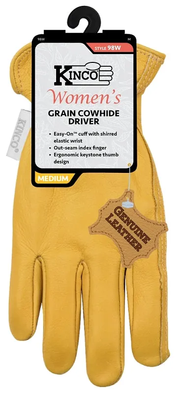 Kinco 98W-M Driver Gloves, Women's, M, Keystone Thumb, Easy-On Cuff, Cowhide Leather, Gold :PR: QUANTITY: 1