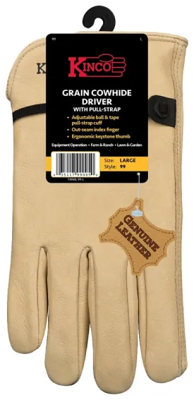 Kinco 99-XL Driver Gloves, Men's, XL, Keystone Thumb, Ball and Tape Cuff, Cowhide Leather, Tan :PR: QUANTITY: 1