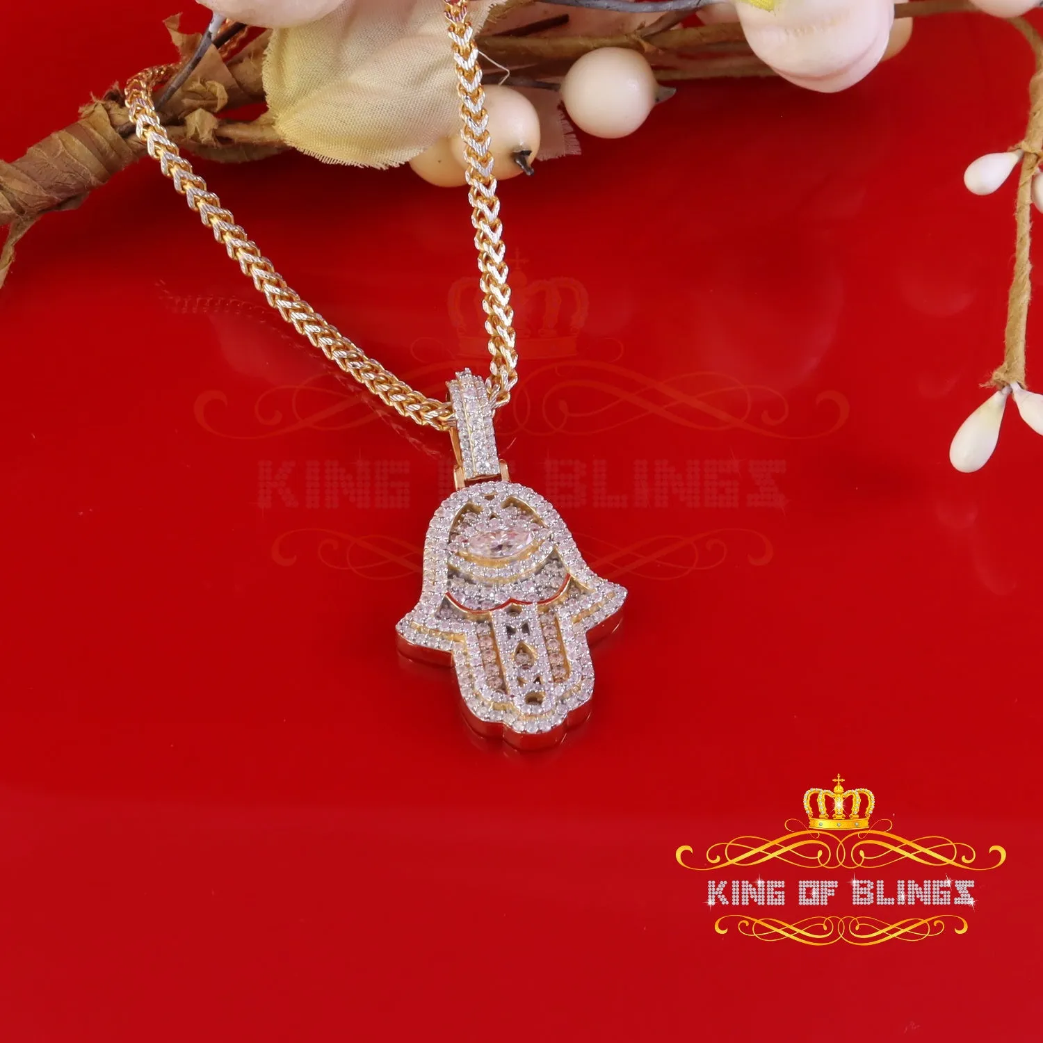 King Of Bling's 925 Silver Moissanite VVS D Baguette 3.00ct Yellow Hamsa Pendant For Women's