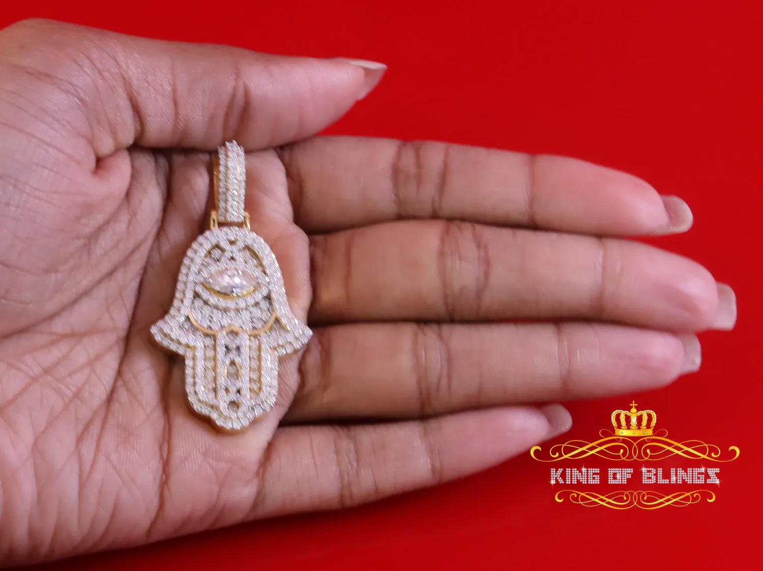 King Of Bling's 925 Silver Moissanite VVS D Baguette 3.00ct Yellow Hamsa Pendant For Women's