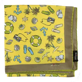 Kiton Scarf Yellow Beach Design - Square Twill Silk Foulard FINAL SALE