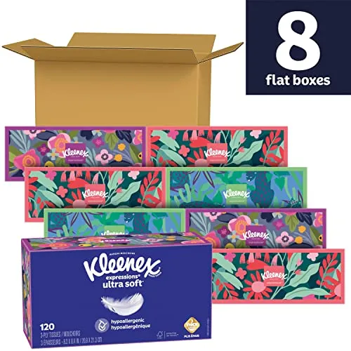 Kleenex Expressions Ultra Soft Facial Tissues, 8 Flat Boxes, 120 Tissues per Box, 3-Ply, Packaging May Vary