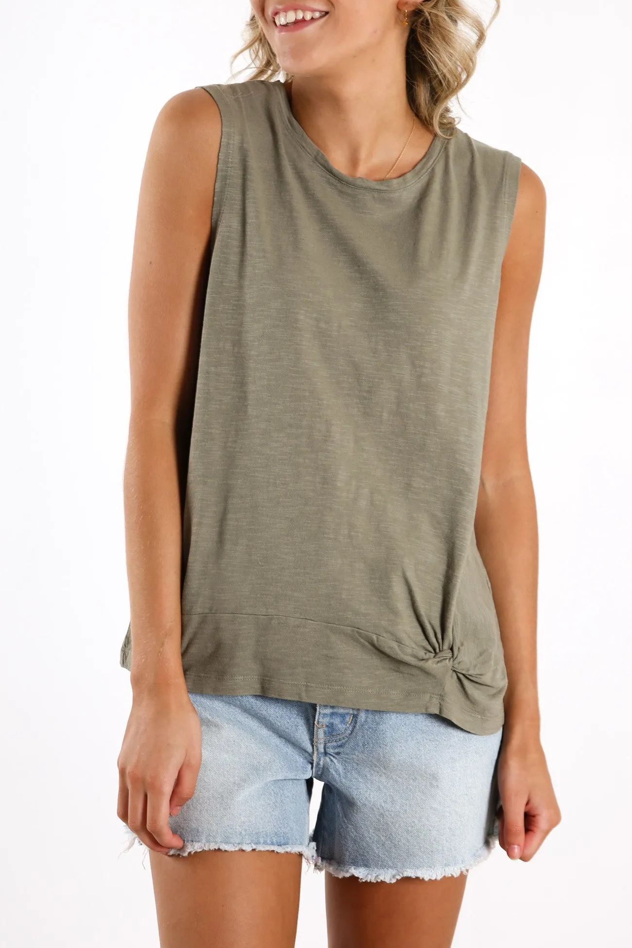 Knot Front Crop Tank Khaki