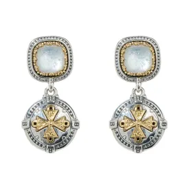 Konstantino Dome Silver and 18K Gold Crystal over Mother Of Pearl Doublet Etched Dangle Earrings