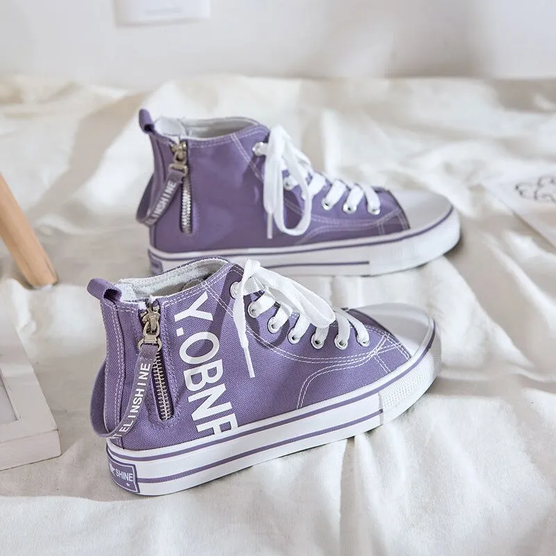 Korean Fashion High-top Women Canvas Shoes Purple Side Zipper Flat Casual Student Ulzzang Harajuku Sneakers Vulcanized Shoes