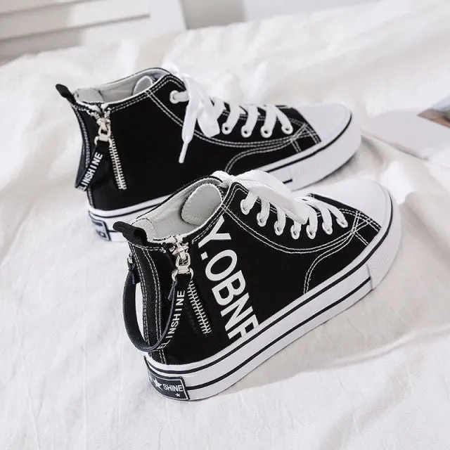 Korean Fashion High-top Women Canvas Shoes Purple Side Zipper Flat Casual Student Ulzzang Harajuku Sneakers Vulcanized Shoes