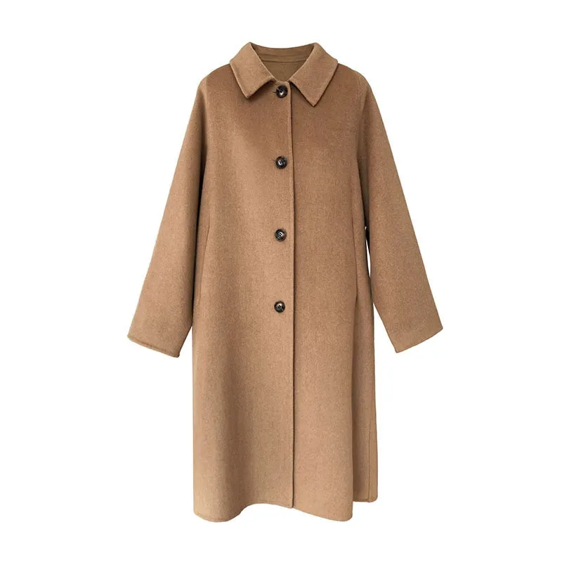 [Korean Style] 2 Color Cashmere Single Breasted A-line Woolen Coat No Lining