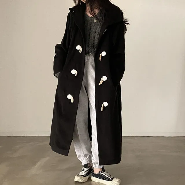 [Korean Style] 2 Color Toggle Button Fully Lined Hooded Long Coat