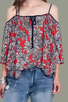 Kori Cold Shoulder Floral Top - Red Mix