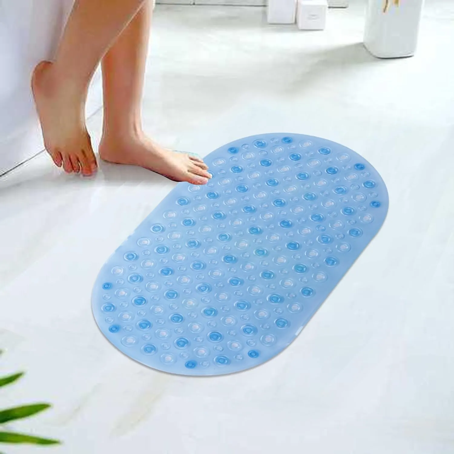 Kuber Industries Bath Mat | PVC Bathroom Mat | Shower Bath Mat | Floor Tub Mat | Bathroom Oval Mud Mat | Anti-Skid Shower Bathroom Mat | Q-01A |Pack of 4| Blue