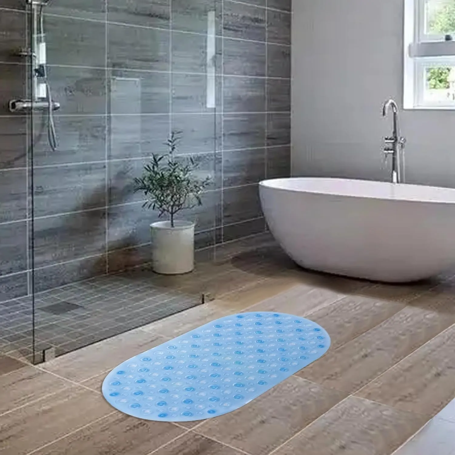 Kuber Industries Bath Mat | PVC Bathroom Mat | Shower Bath Mat | Floor Tub Mat | Bathroom Oval Mud Mat | Anti-Skid Shower Bathroom Mat | Q-01A |Pack of 4| Blue