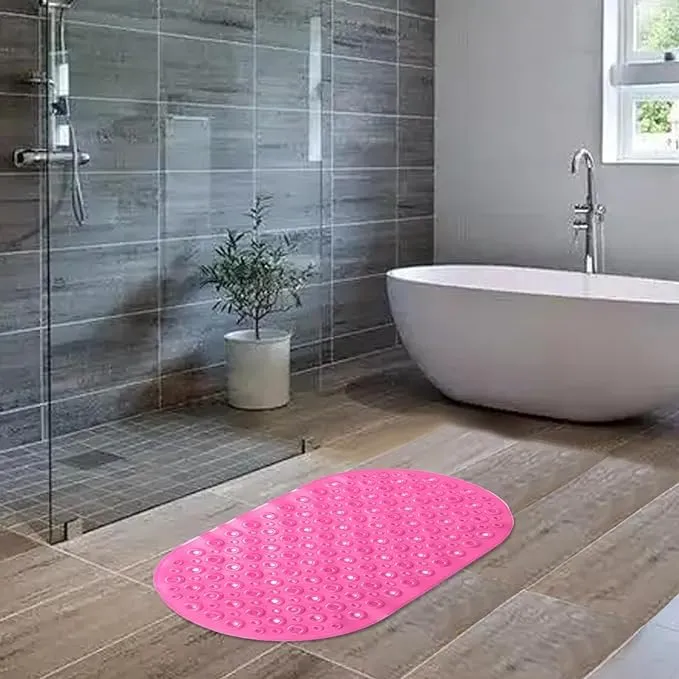 Kuber Industries Bath Mat | PVC Bathroom Mat | Shower Bath Mat | Floor Tub Mat | Bathroom Oval Mud Mat | Anti-Skid Shower Bathroom Mat | Q-02C |Pack of 6| Rose Red