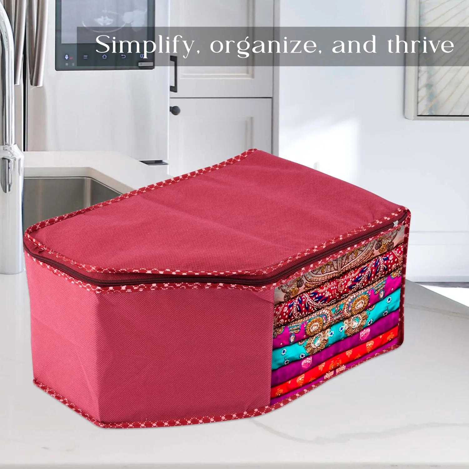 Kuber Industries Blouse Cover | Clothes Storage Bag | Zipper Wardrobe Organizers | Non-Woven Clothes Organiser | Side Transparent Blouse Organizer | Dot Border | Pack of 3 | Maroon