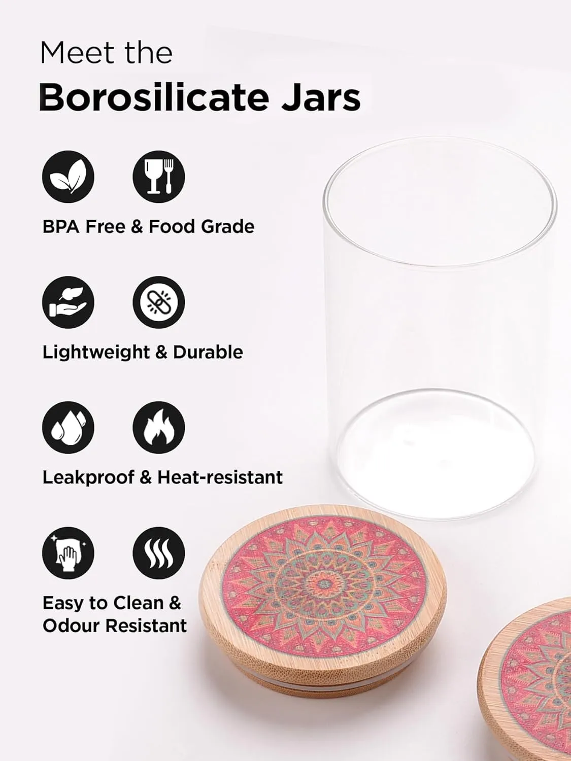 Kuber Industries Borosilicate Glass Jar with Printed Bamboo Lid|Kitchen Organizer Items and Storage|Multi-utility, Leakproof, Airtight Storage Jar for Cookies,Snacks,Tea,Coffee,Sugar|Pack of 4(600ml)