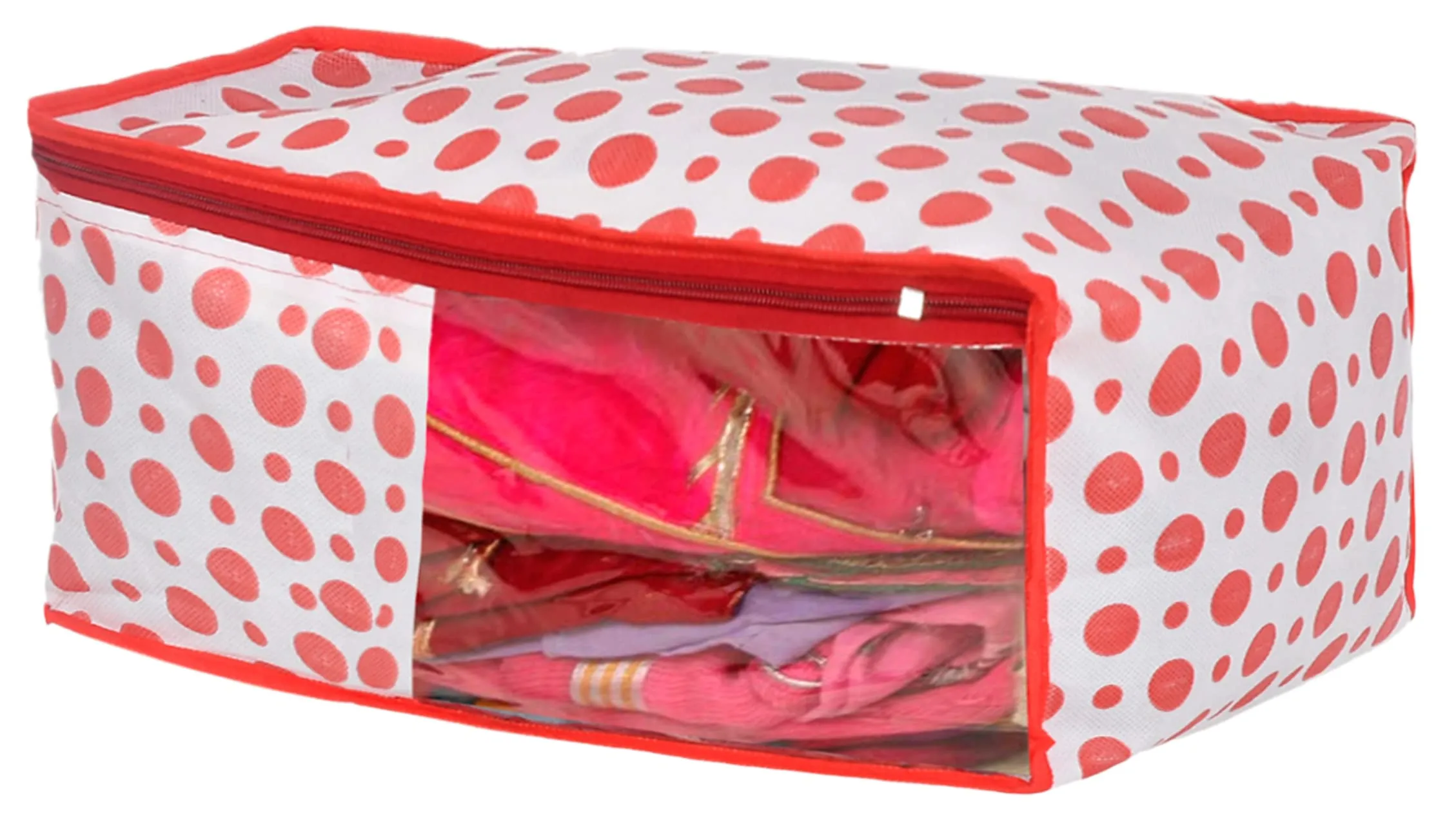 Kuber Industries Dot Printed Foldable, Lightweight Non-Woven Blouse Cover/Organizer With Tranasparent Window- Pack of 6 (Red)-46KM0301