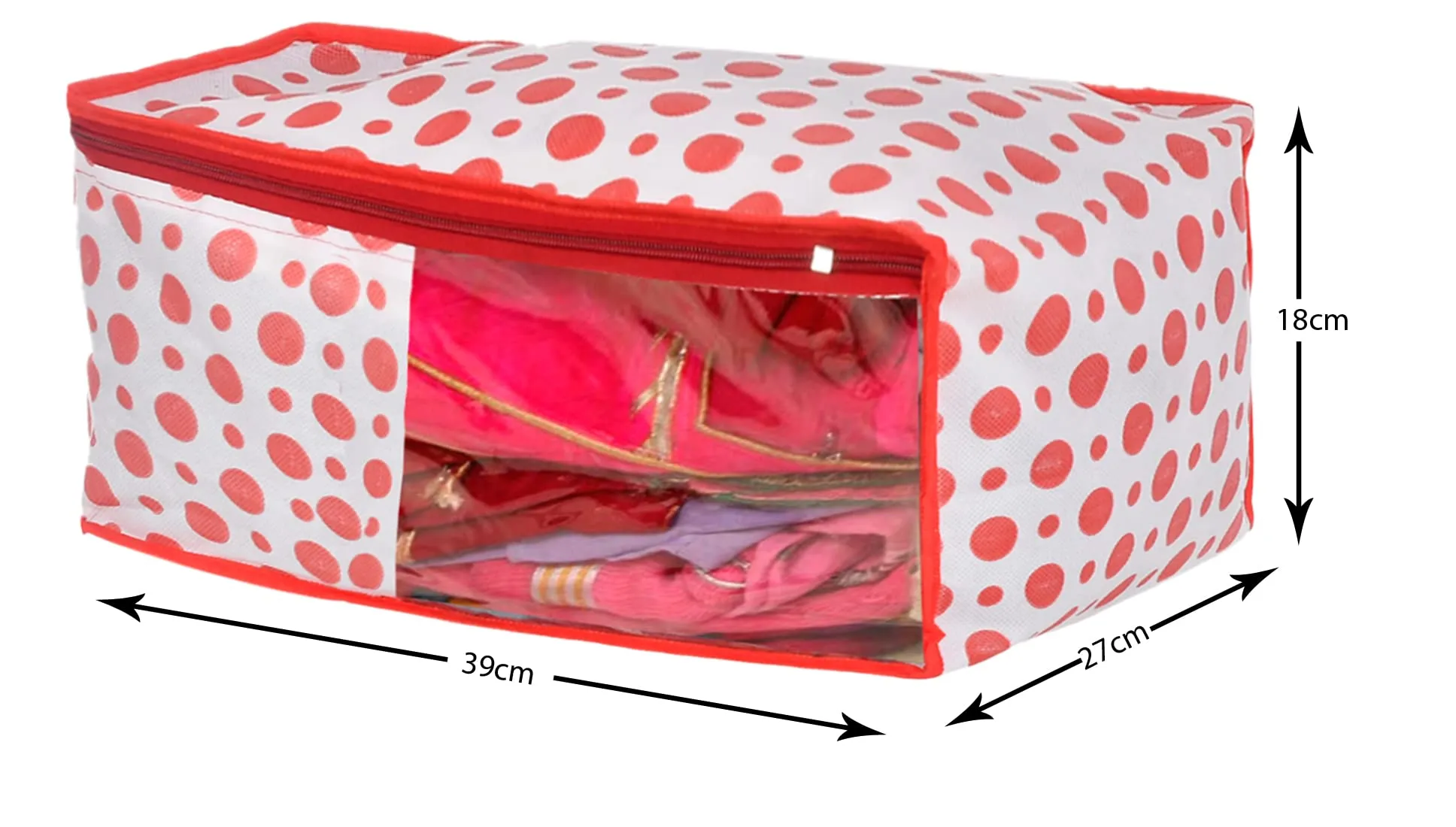 Kuber Industries Dot Printed Foldable, Lightweight Non-Woven Blouse Cover/Organizer With Tranasparent Window- Pack of 6 (Red)-46KM0301