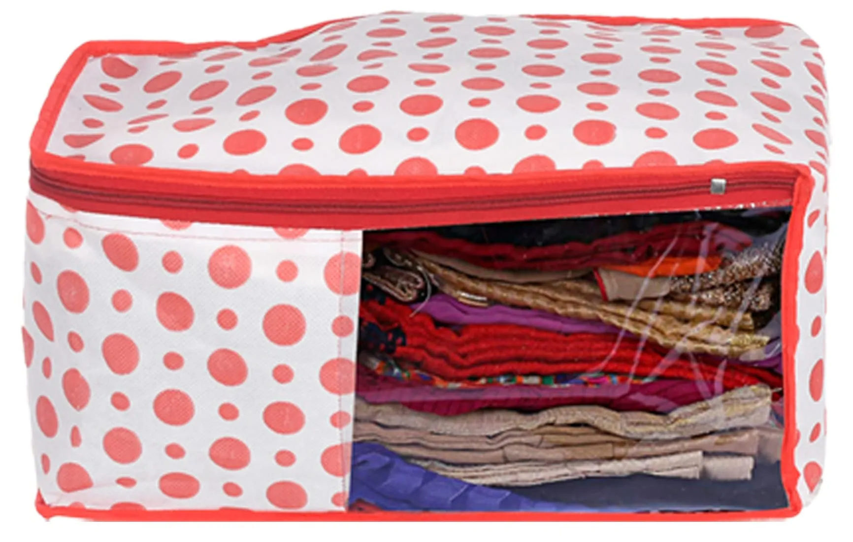 Kuber Industries Dot Printed Foldable, Lightweight Non-Woven Blouse Cover/Organizer With Tranasparent Window- Pack of 6 (Red)-46KM0301