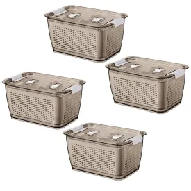 Kuber Industries Small Refrigerator Storage Crisper with Lid & Detachable Hollow Basket-Pack of 4 (Brown)