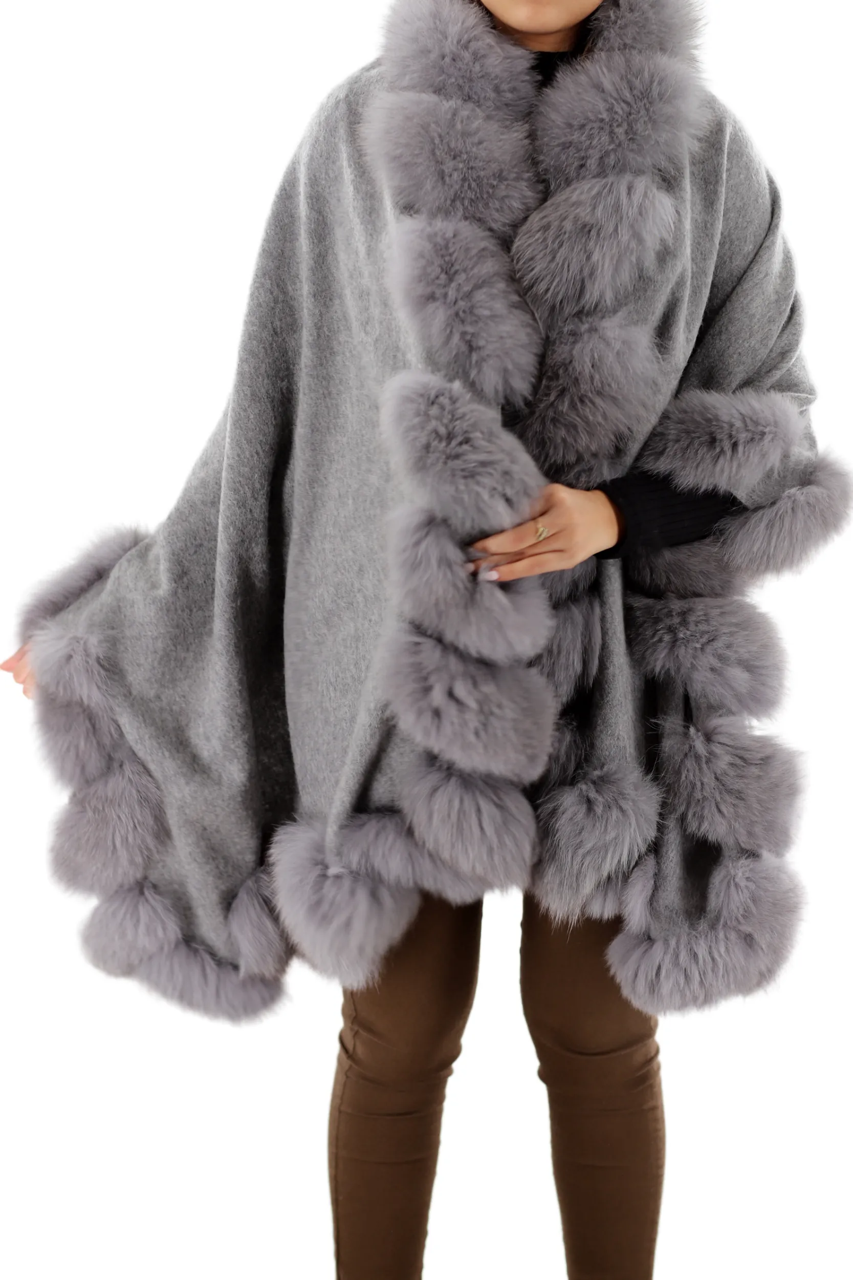 La Fiorentina Plush Fox Trimmed Wrap - Grey