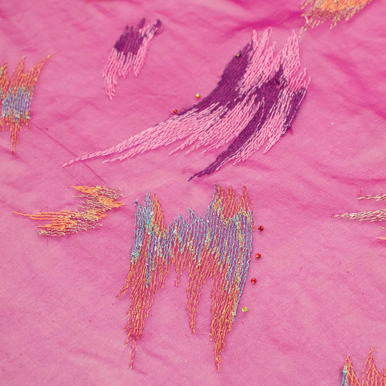 Lace Edged Embroidered Pure Silk Chiffon Magenta