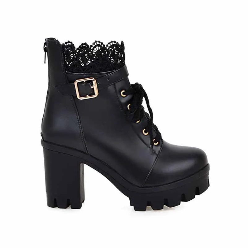 Lace Platform Boots for Women Chunky Lace Up Ankle Boots