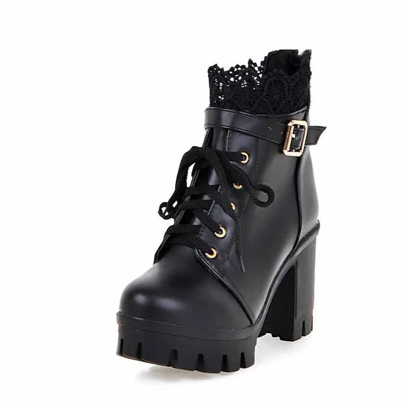 Lace Platform Boots for Women Chunky Lace Up Ankle Boots