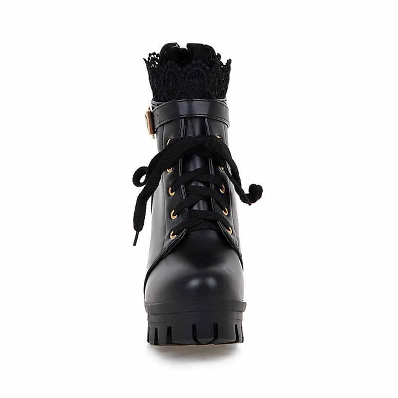 Lace Platform Boots for Women Chunky Lace Up Ankle Boots