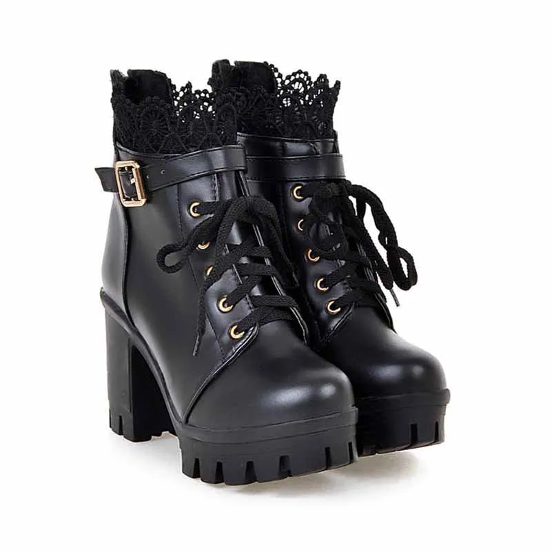 Lace Platform Boots for Women Chunky Lace Up Ankle Boots