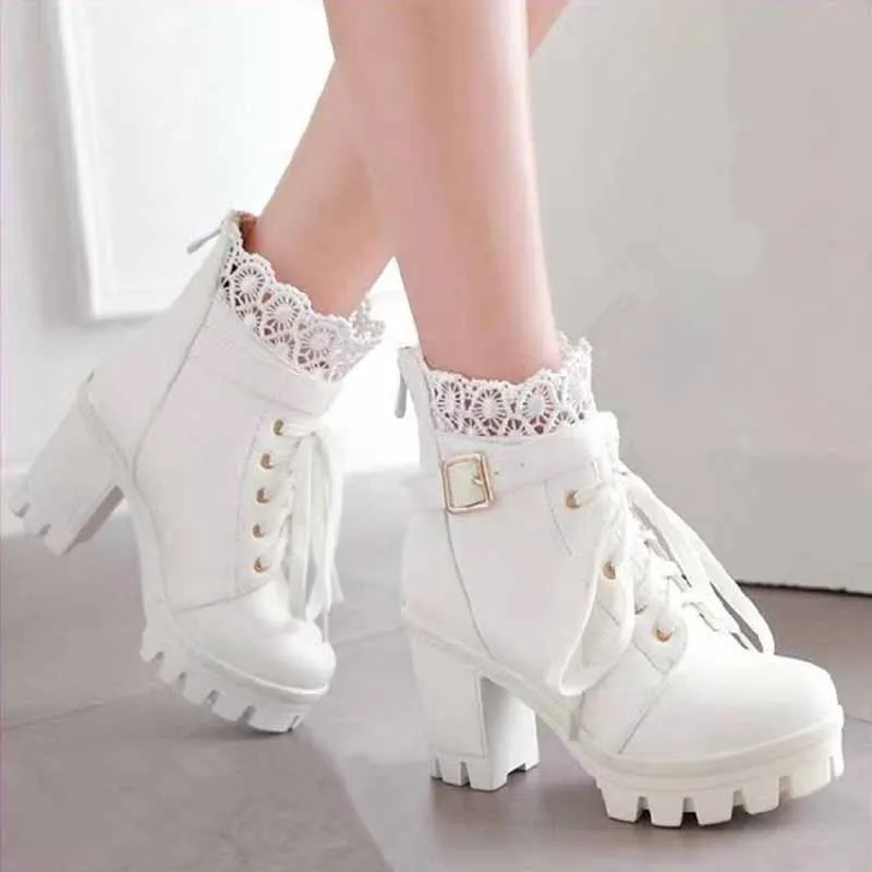 Lace Platform Boots for Women Chunky Lace Up Ankle Boots