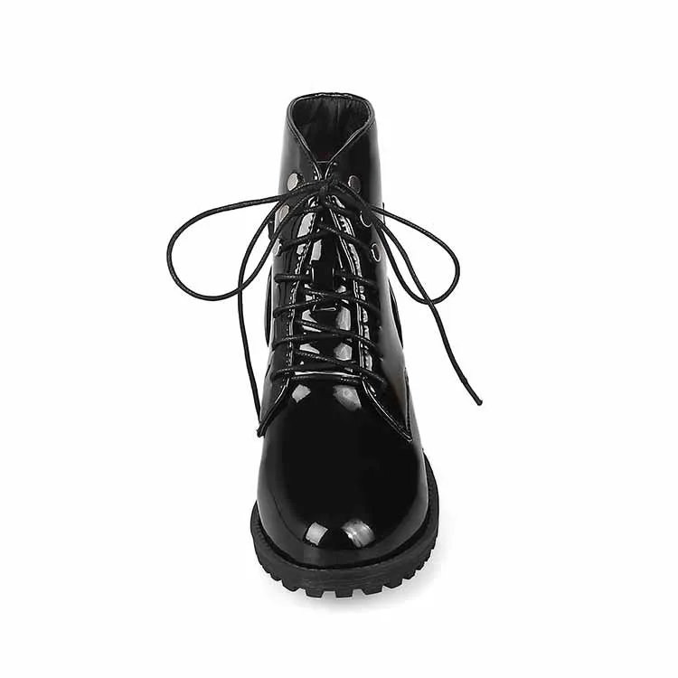 Ladies low heeled lace up shoes patent leather martens shoes