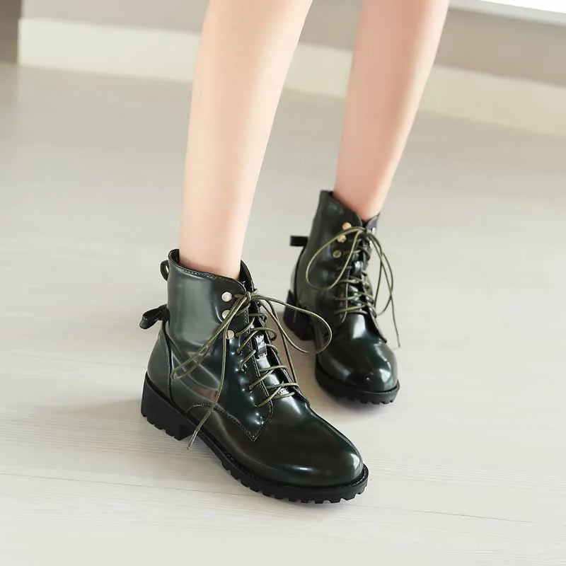 Ladies low heeled lace up shoes patent leather martens shoes