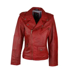 Ladies Women Real Genuine Soft Leather Biker Style Red Jacket