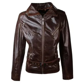 Ladies Women Real Leather  Biker Style Rock Belted Vintage Brown Jacket