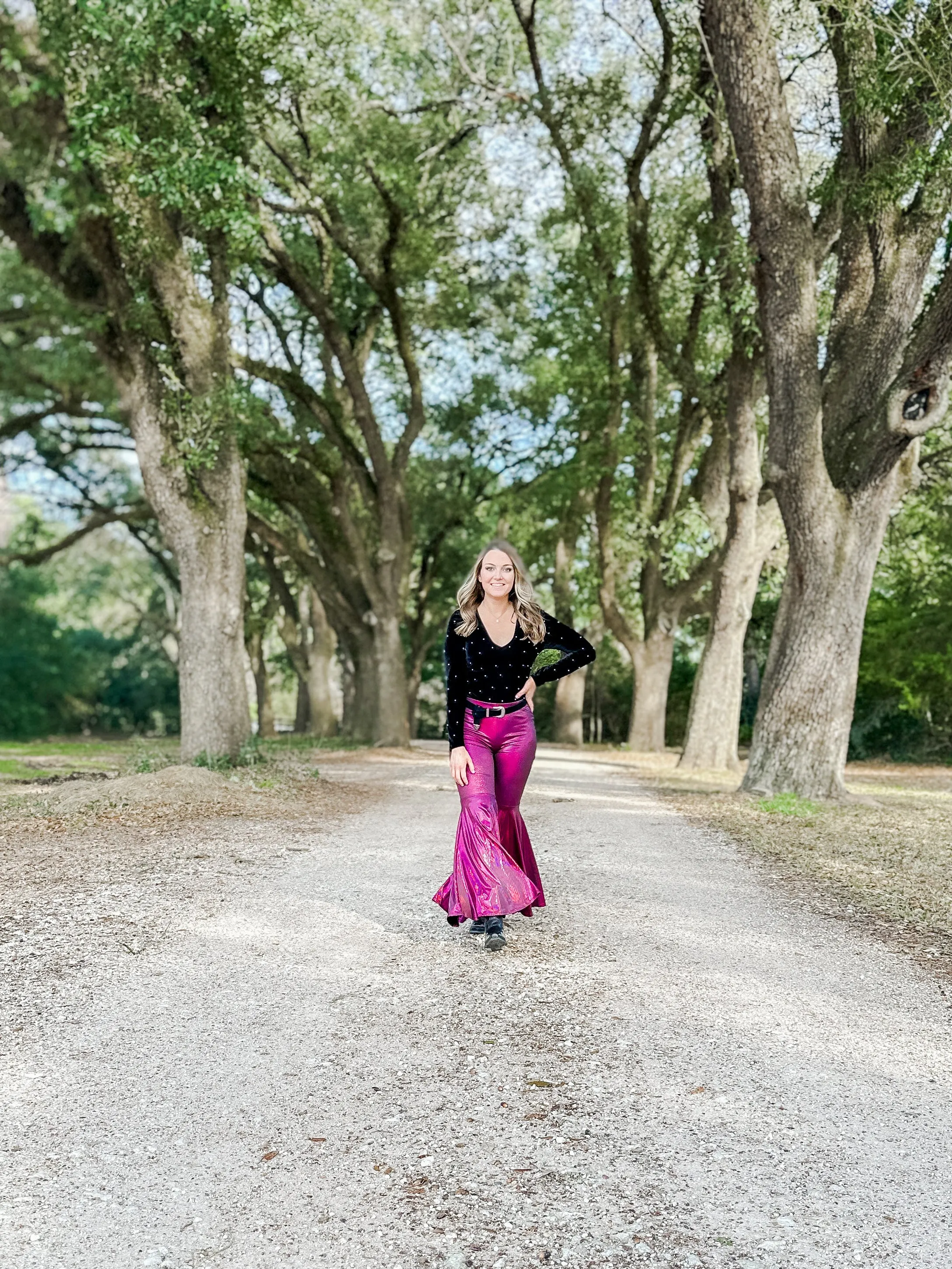 Lainey magenta faux leather bell bottoms