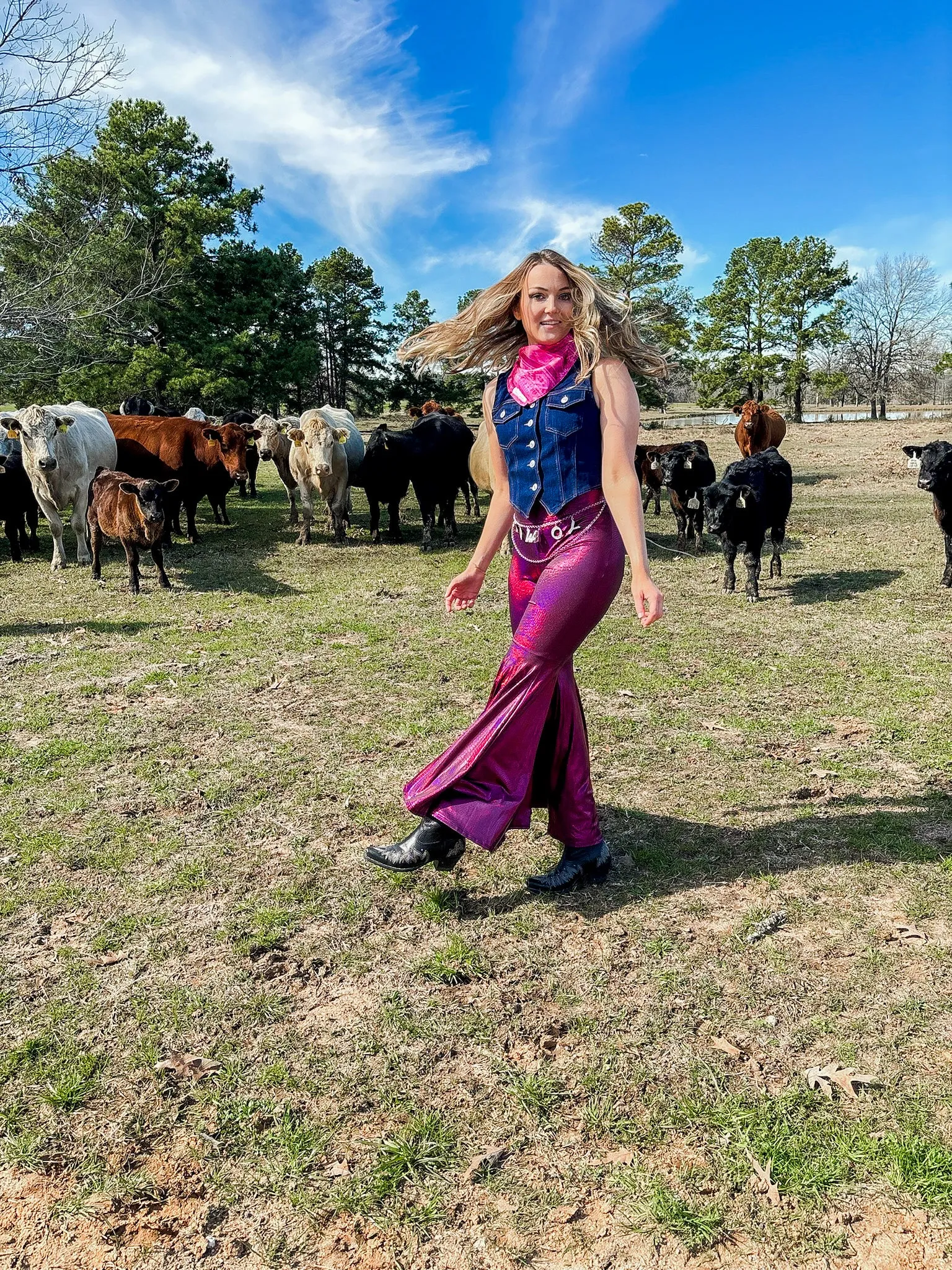 Lainey magenta faux leather bell bottoms