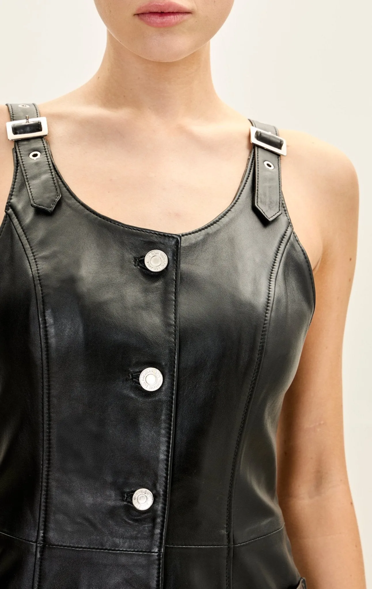 Lambskin Leather Button Front Mini Tank Dress - Black