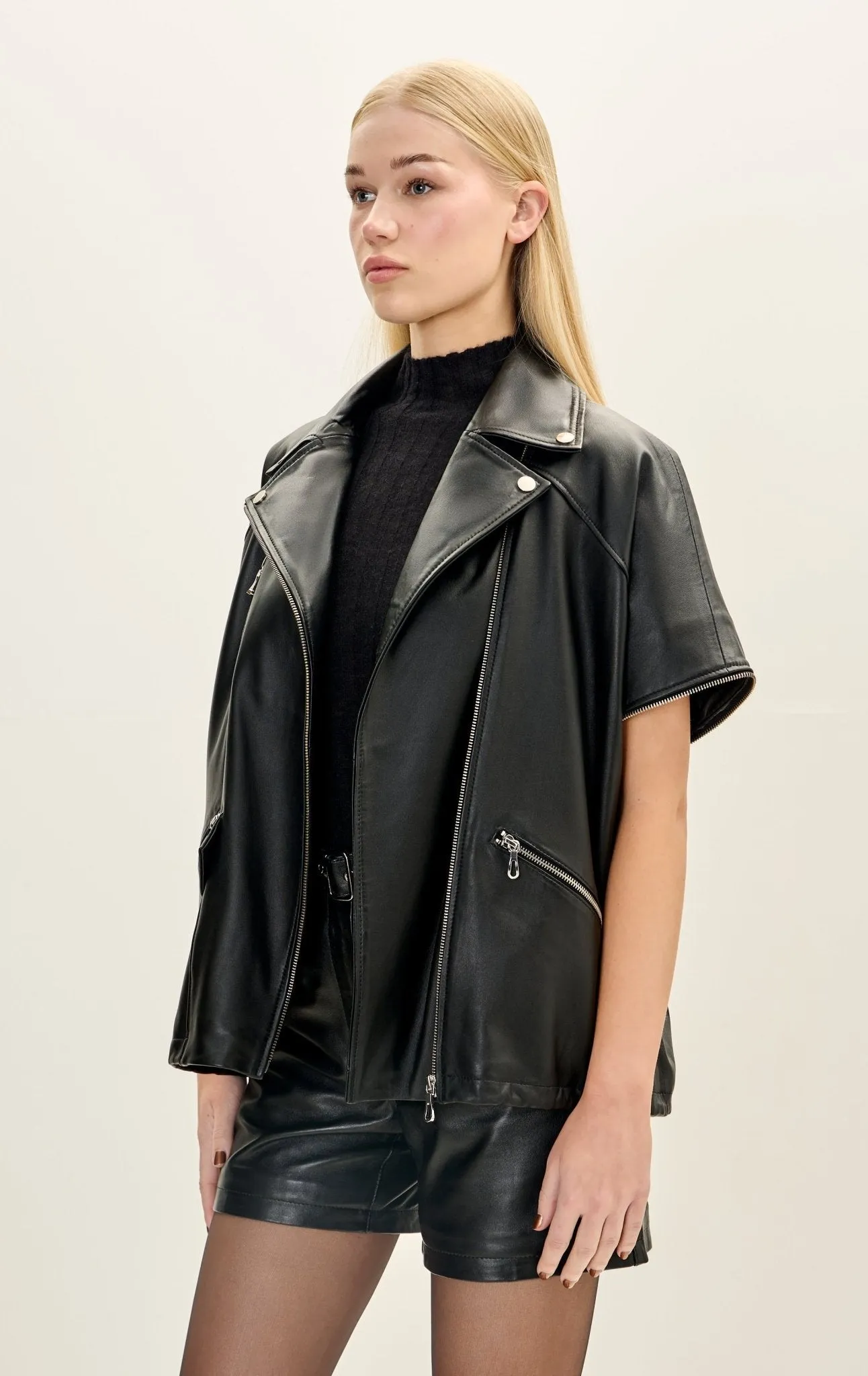 Lambskin Leather Jacket with Removable Sleeves - Black