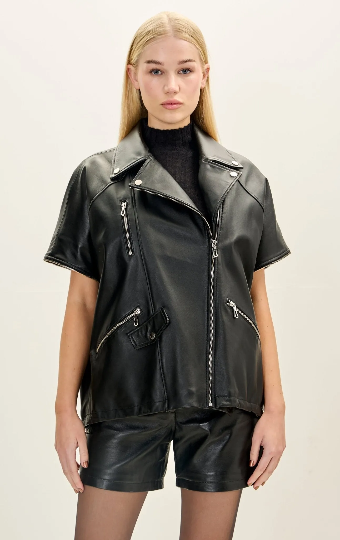 Lambskin Leather Jacket with Removable Sleeves - Black