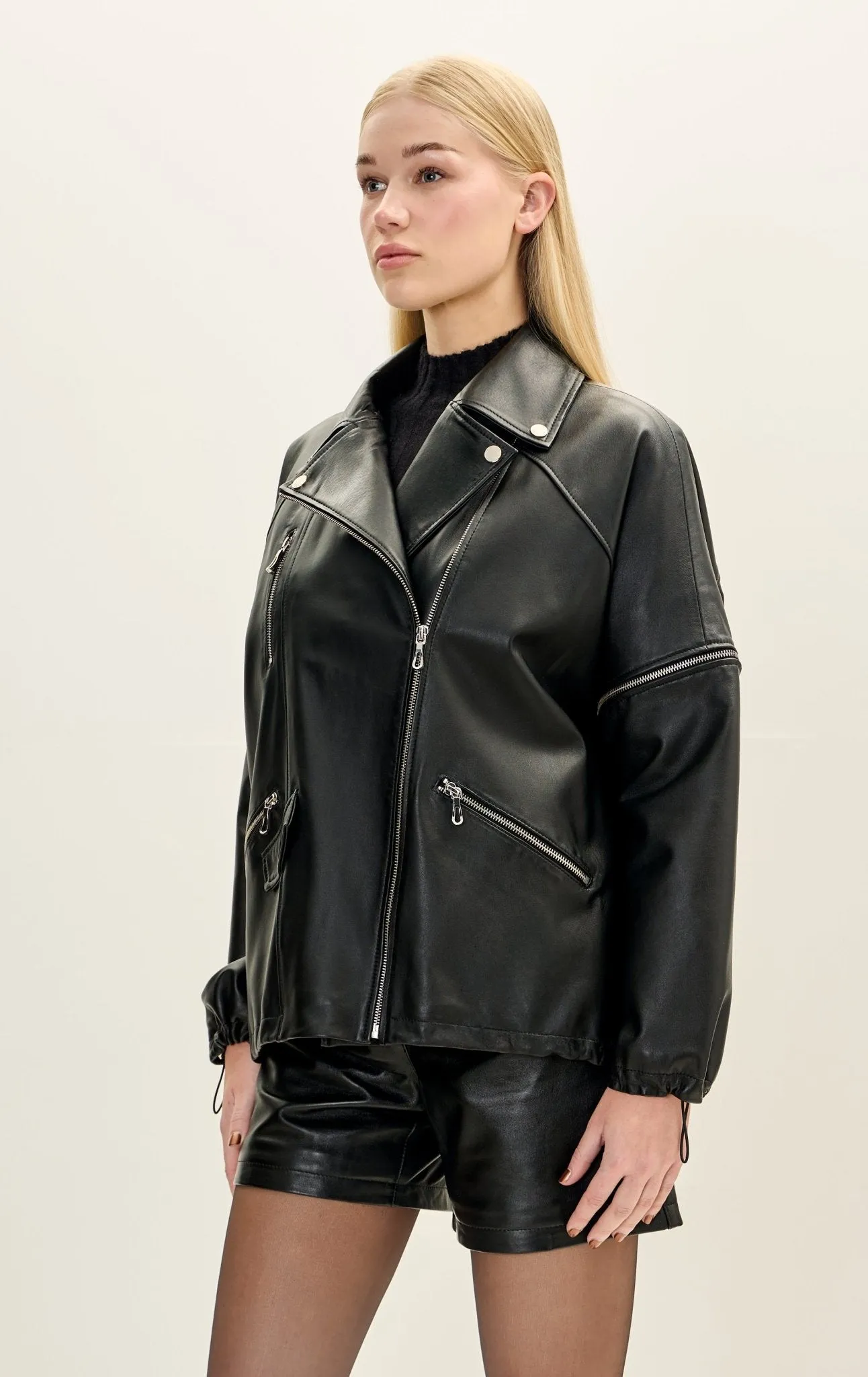 Lambskin Leather Jacket with Removable Sleeves - Black