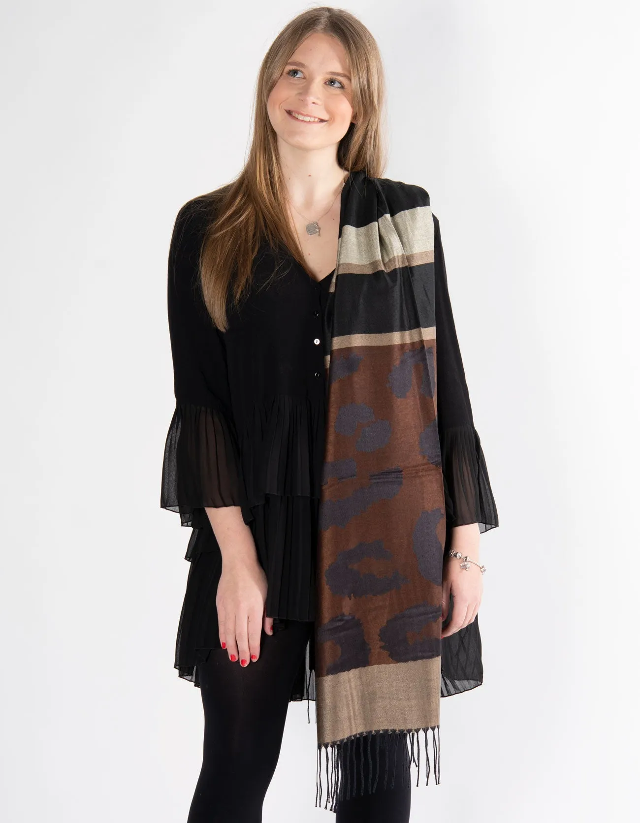 Large Animal Print Pashmina Black, Chocolate & Bronze