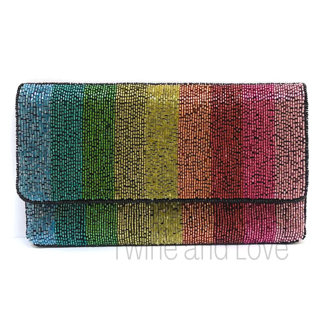 Large Rainbow Beaded Clutch Purse