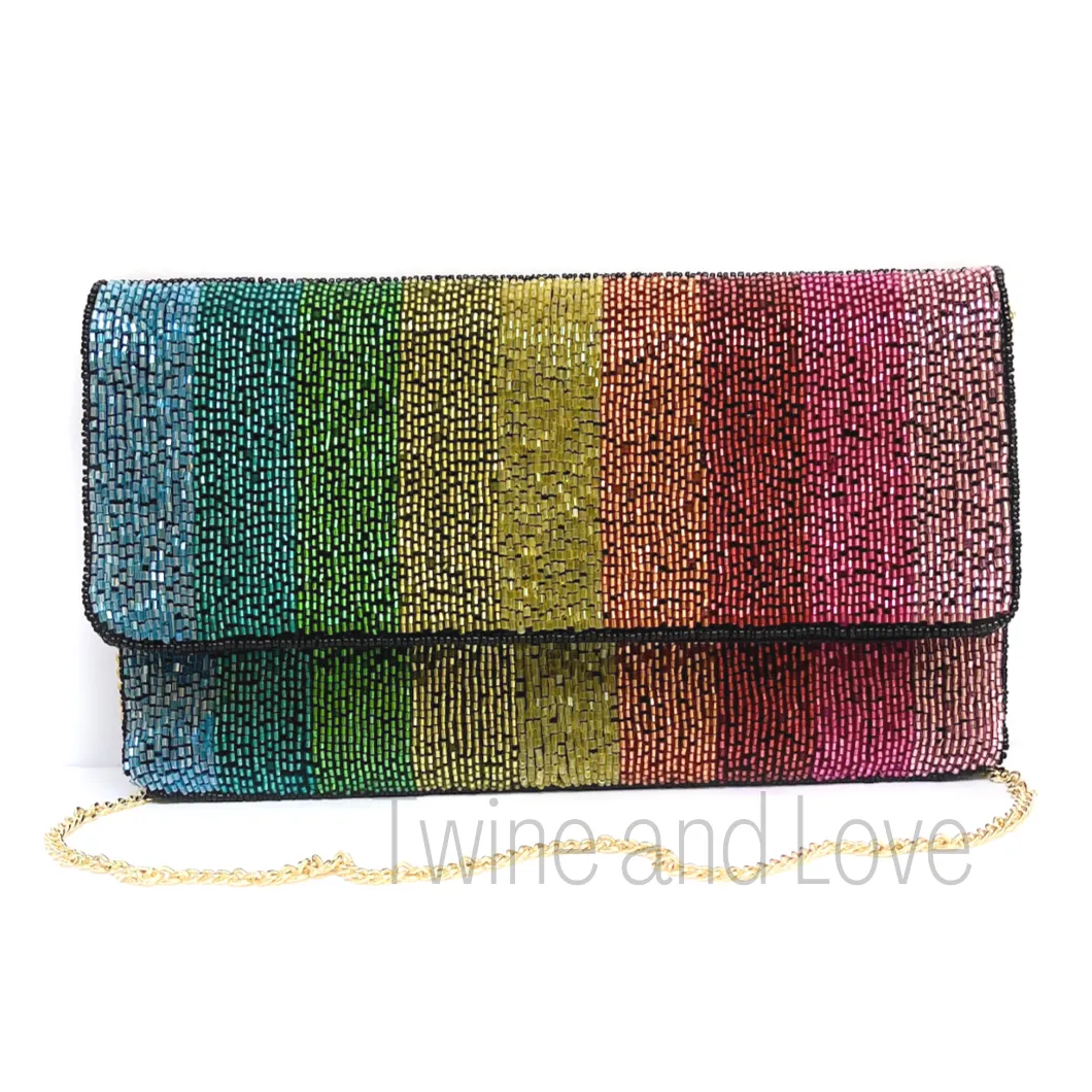 Large Rainbow Beaded Clutch Purse