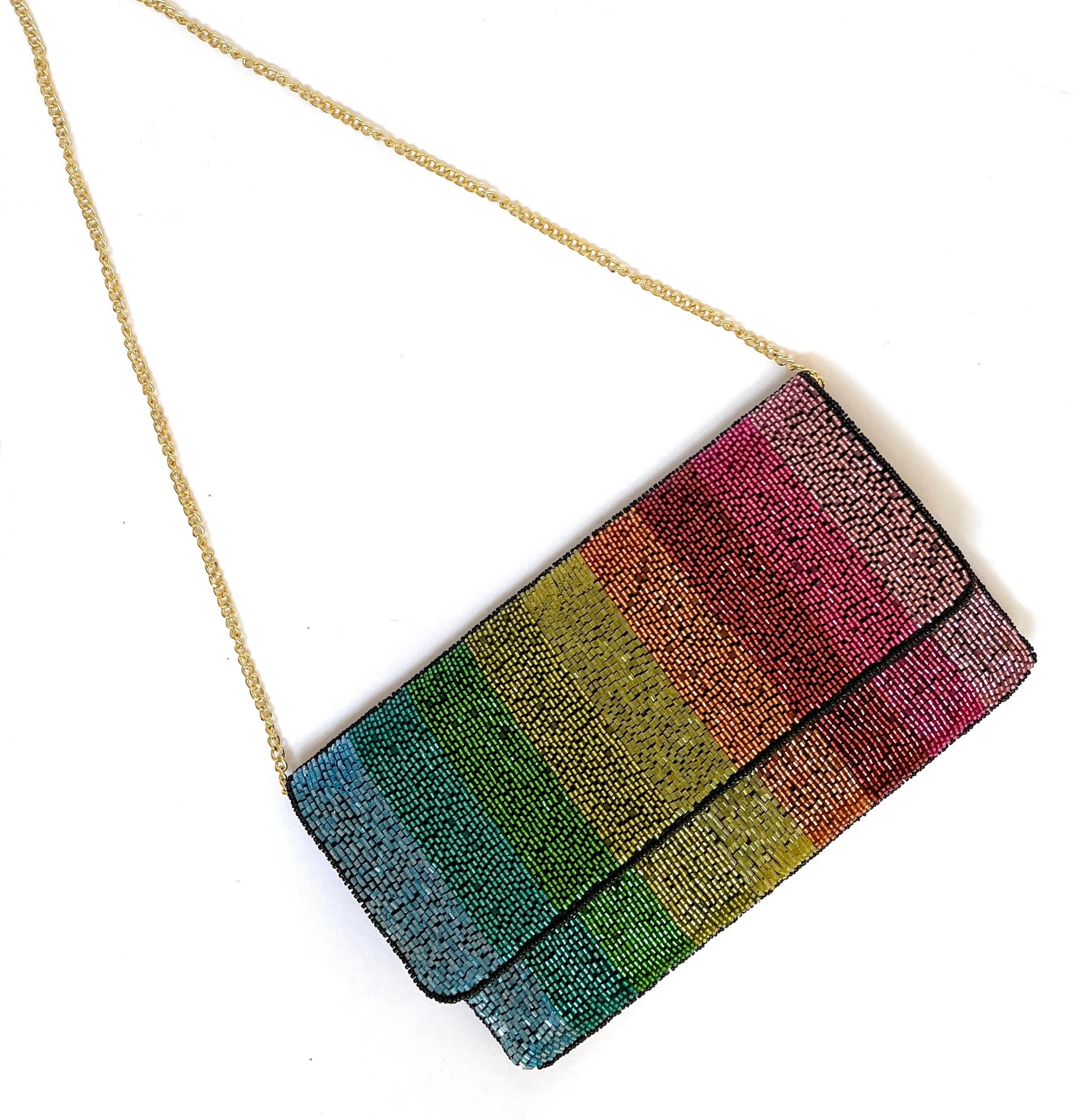 Large Rainbow Beaded Clutch Purse