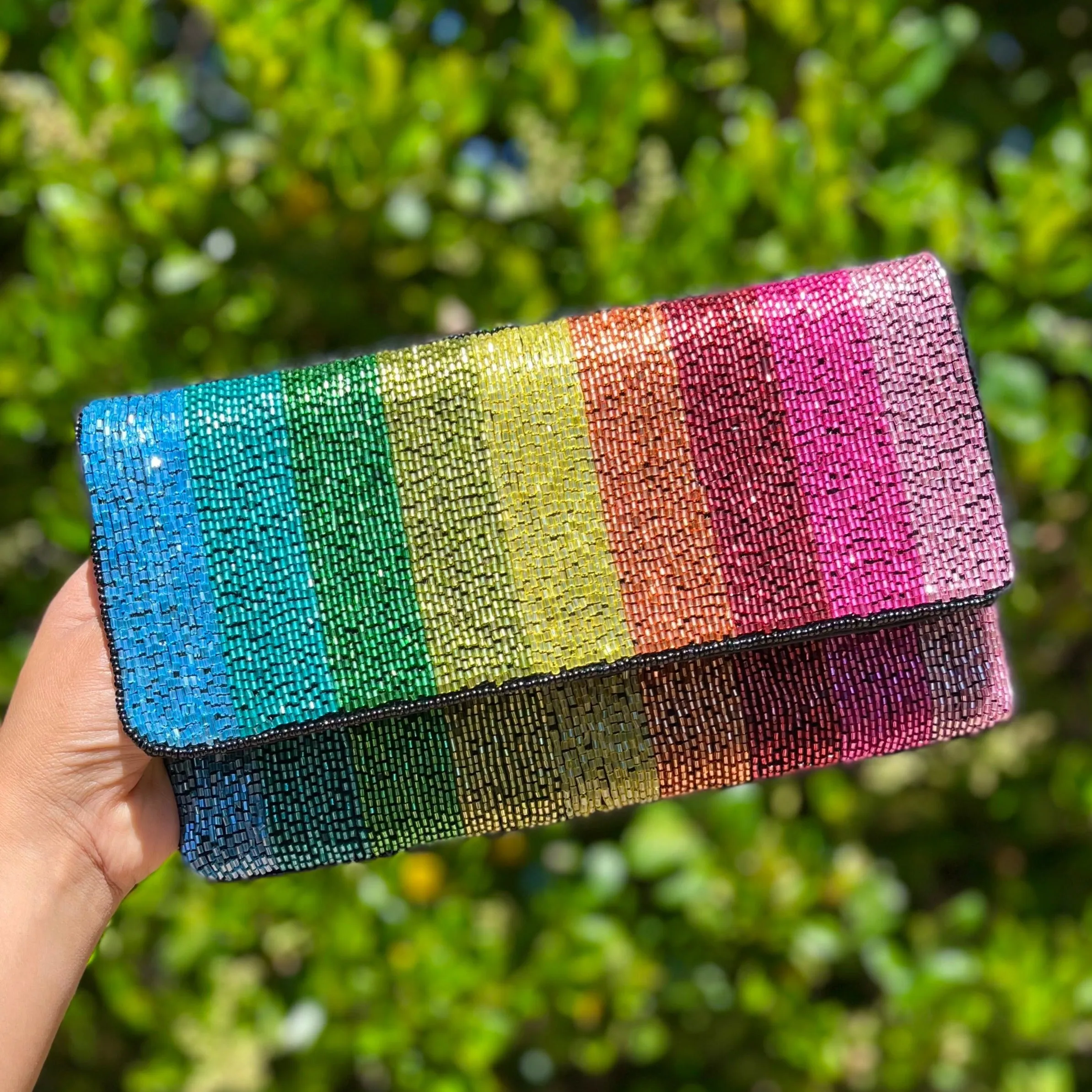 Large Rainbow Beaded Clutch Purse