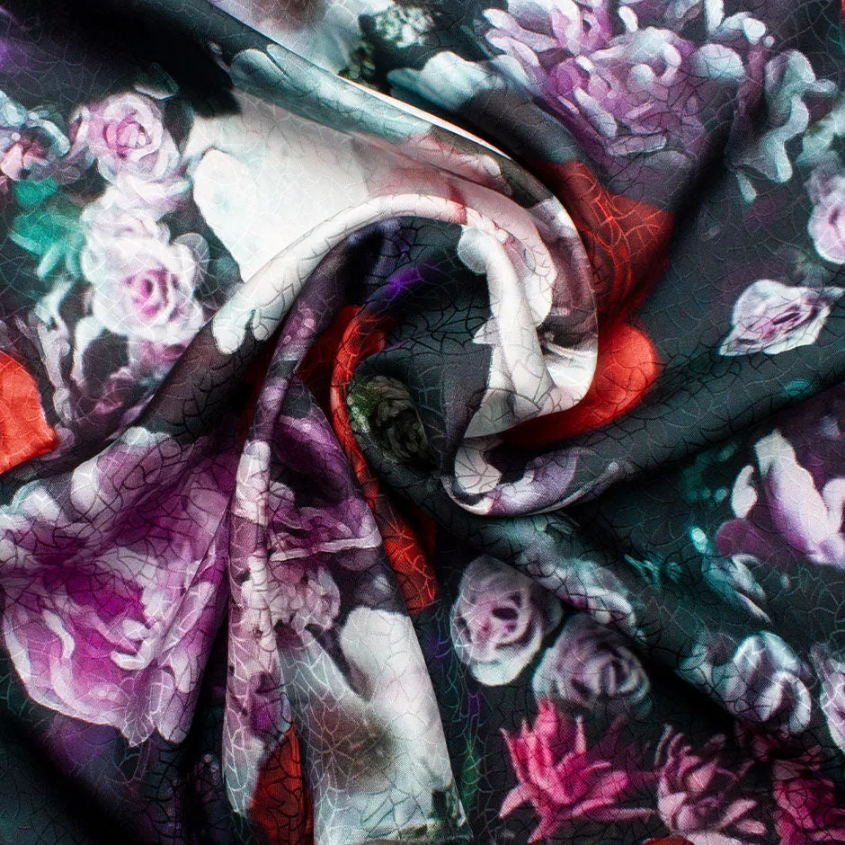 Large Red & Purple Floral Printed Black Silk Jacquard