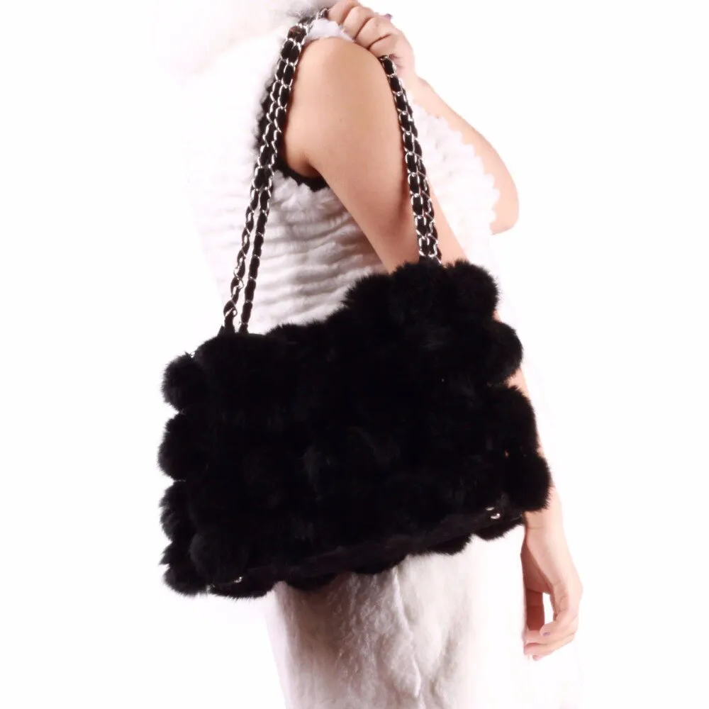 LARGE size  lovely Real Rabbit Fur ball bag handbag side bag Shoulder bag totes size 24*30 FS040106