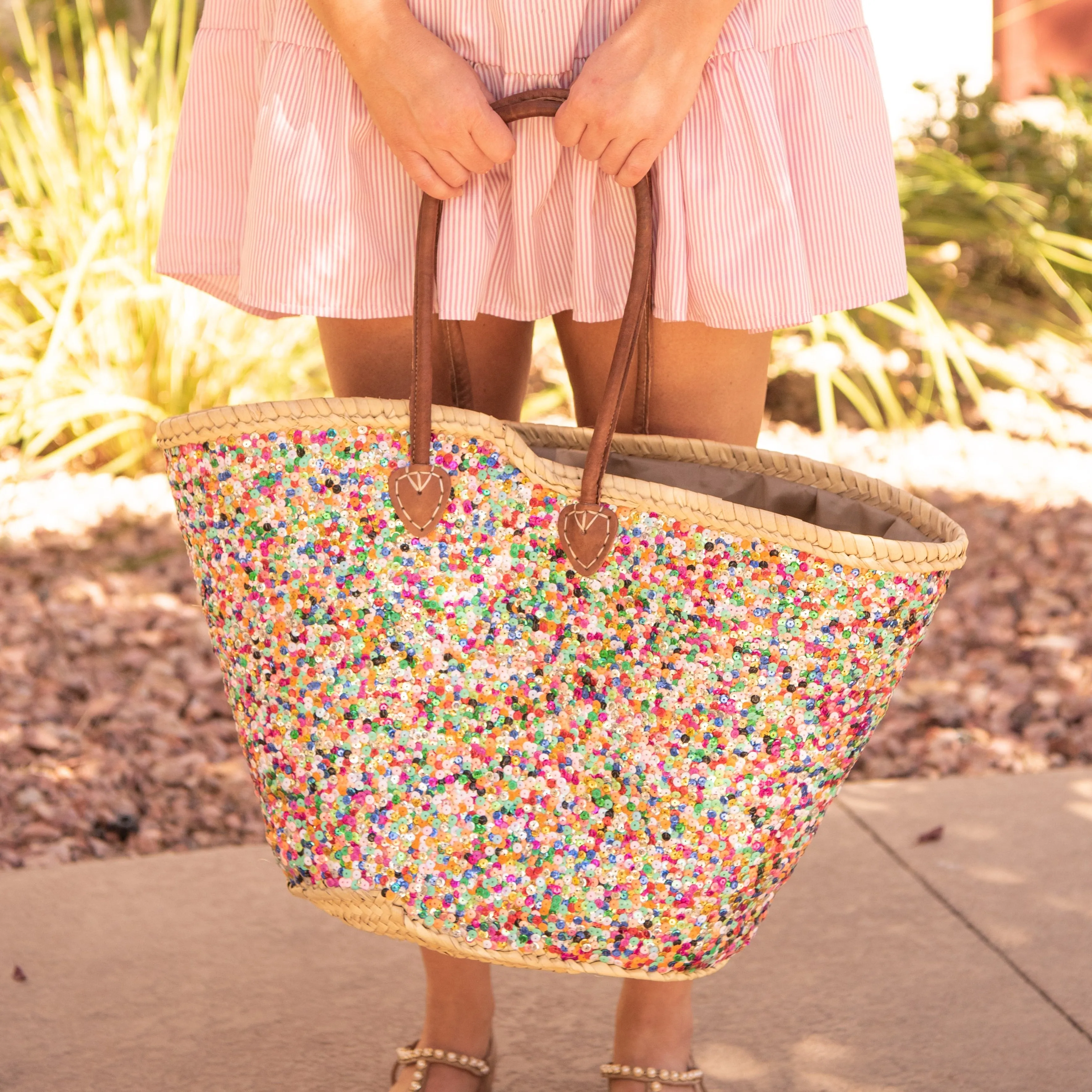 Large Straw Tote with Multi-Colored Sequins