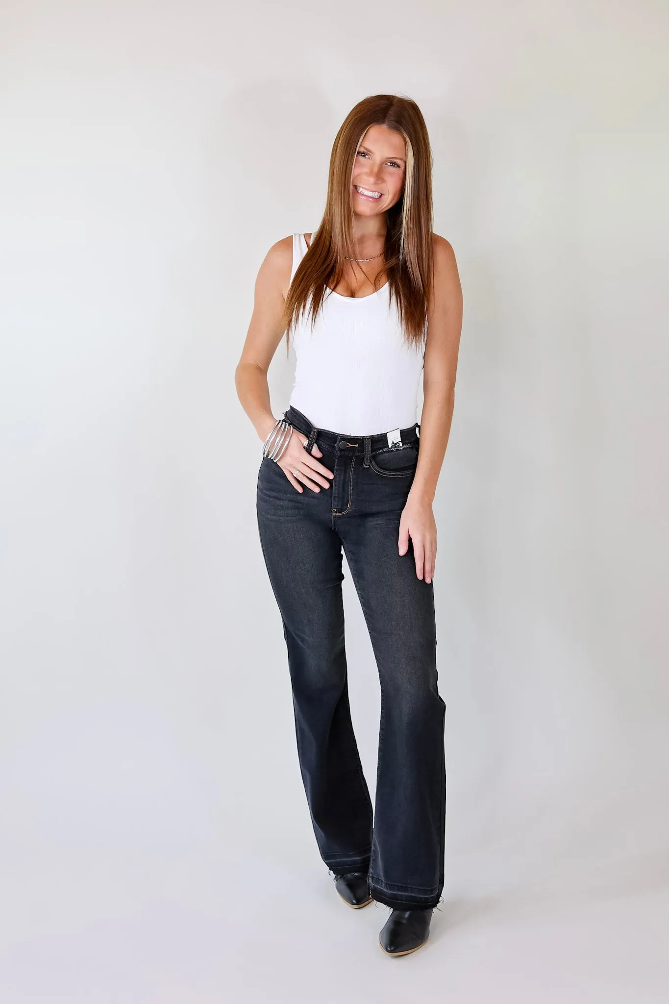 Last Chance Size 0, 1 & 22W | Judy Blue | Greatest Opportunity Release Hem Jeans with Frayed Waist in Black Wash